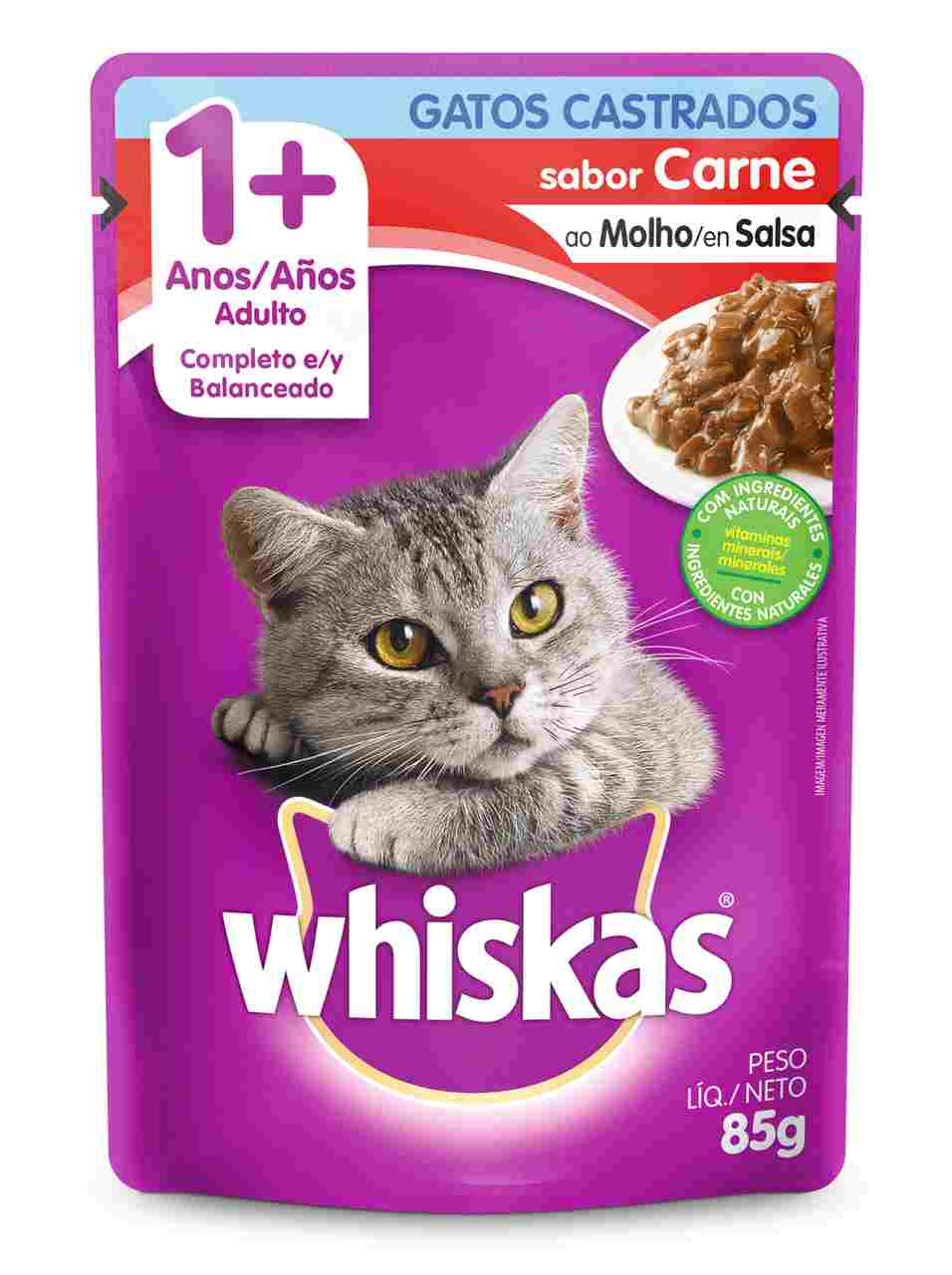 Ração Úmida Whiskas Sachê Carne ao Molho para Gatos Adultos Castrados 85 g