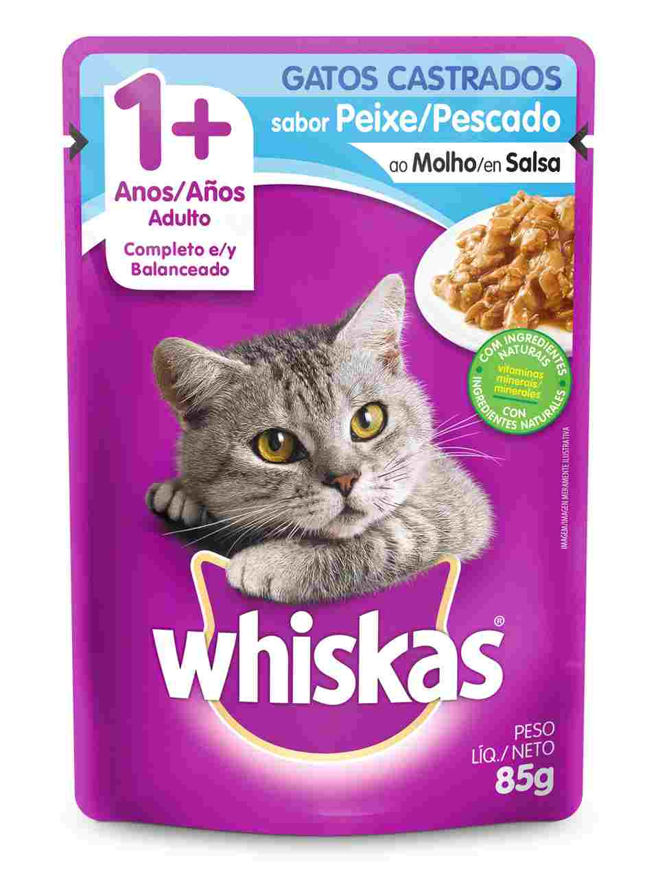 Ração Úmida Whiskas Sachê Peixe ao Molho para Gatos Adultos Castrados 85 g
